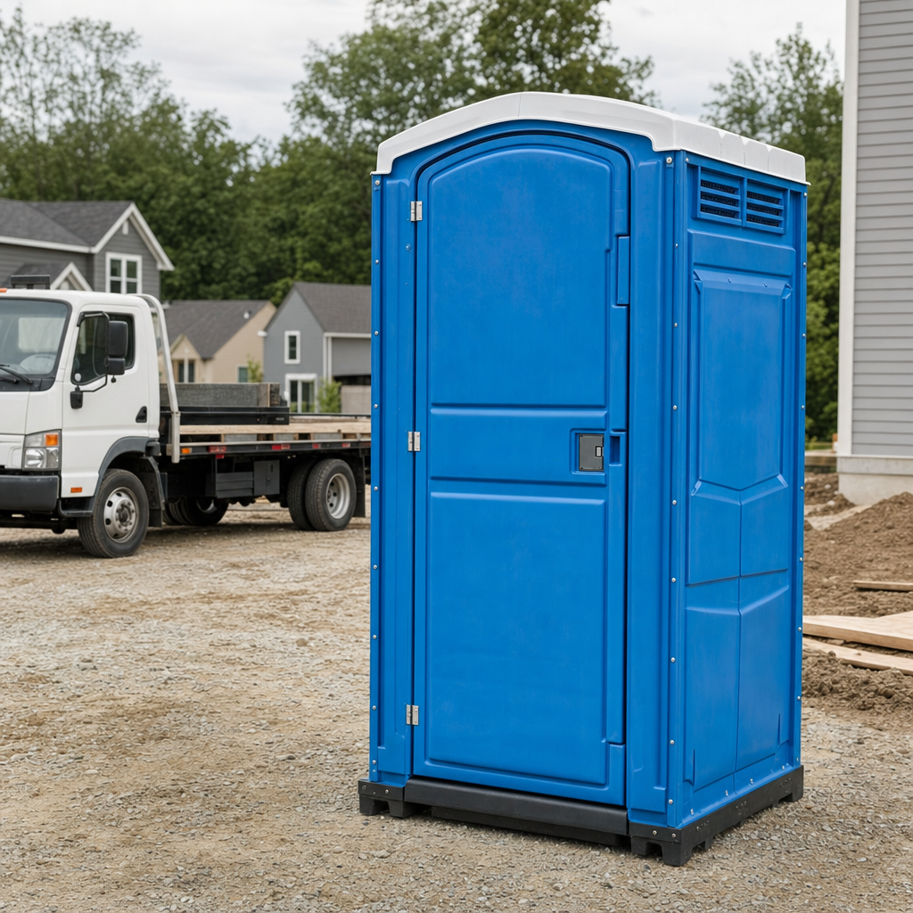 Delivery driver positioning a clean royal-blue portable toilet on level ground at a Oxnard worksite