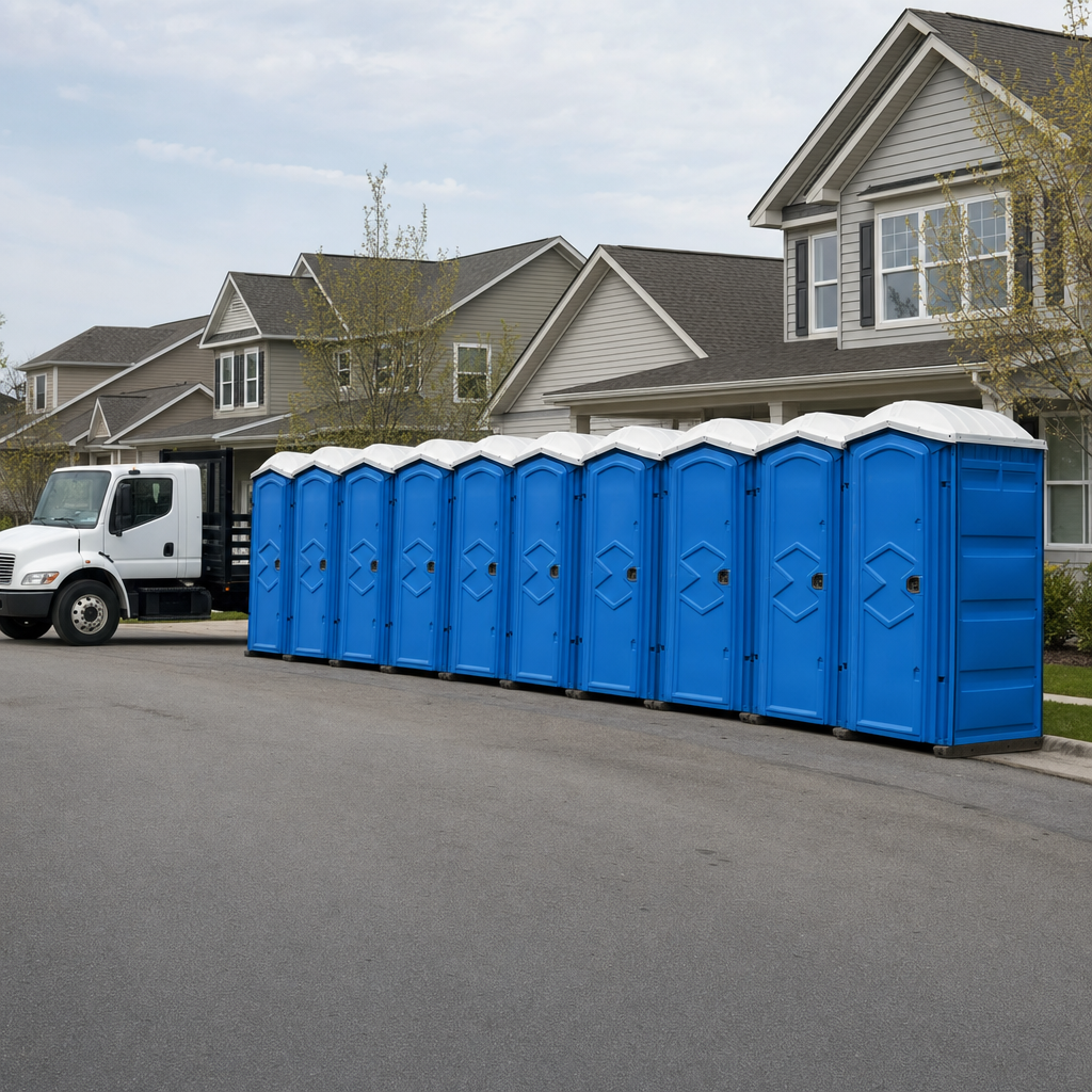 Royal blue portable toilets staged in a tidy row at a Oxnard jobsite, ready for delivery